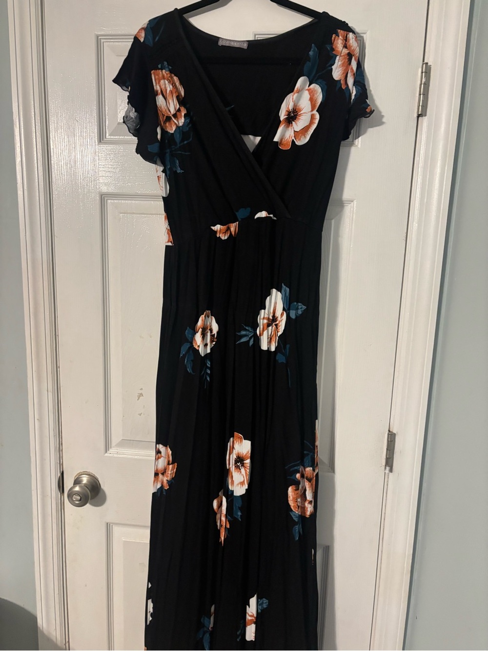 Loveappella Black Maxi Dress with Orange and White Floral Print
